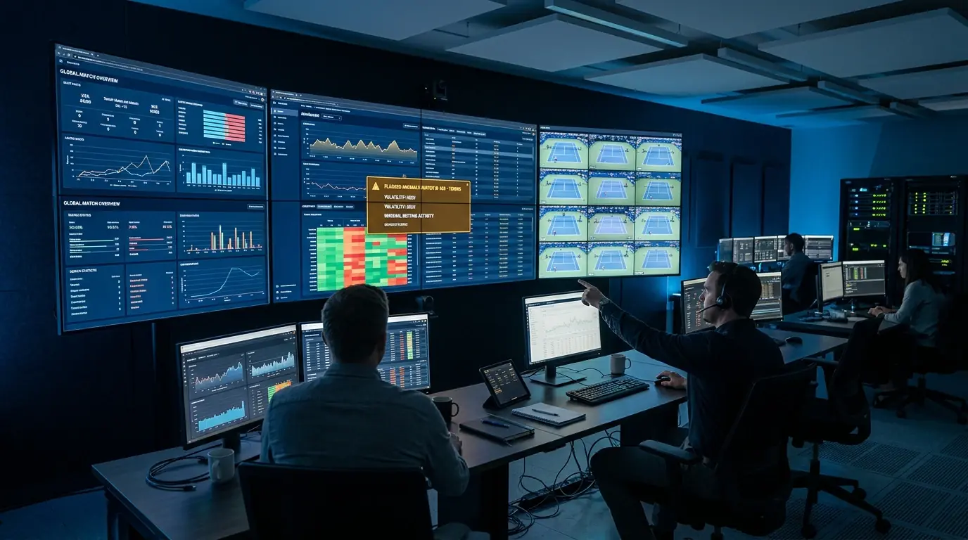 Sala de control con múltiples pantallas mostrando datos de partidos de tenis en tiempo real